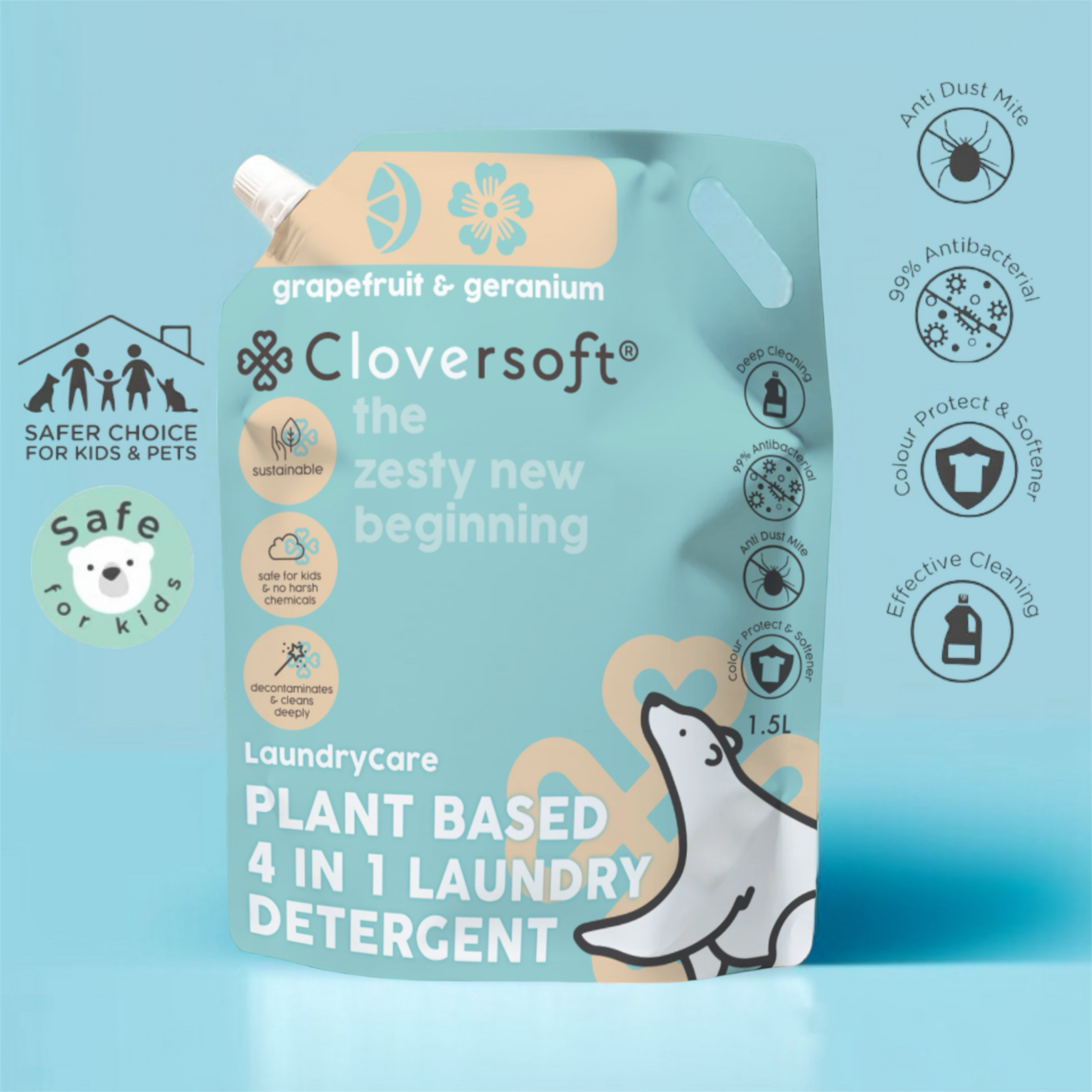 Cloversoft Plant-Based Anti Dust Mite 4 in 1 Laundry Detergent Refill Pack (1.5L)