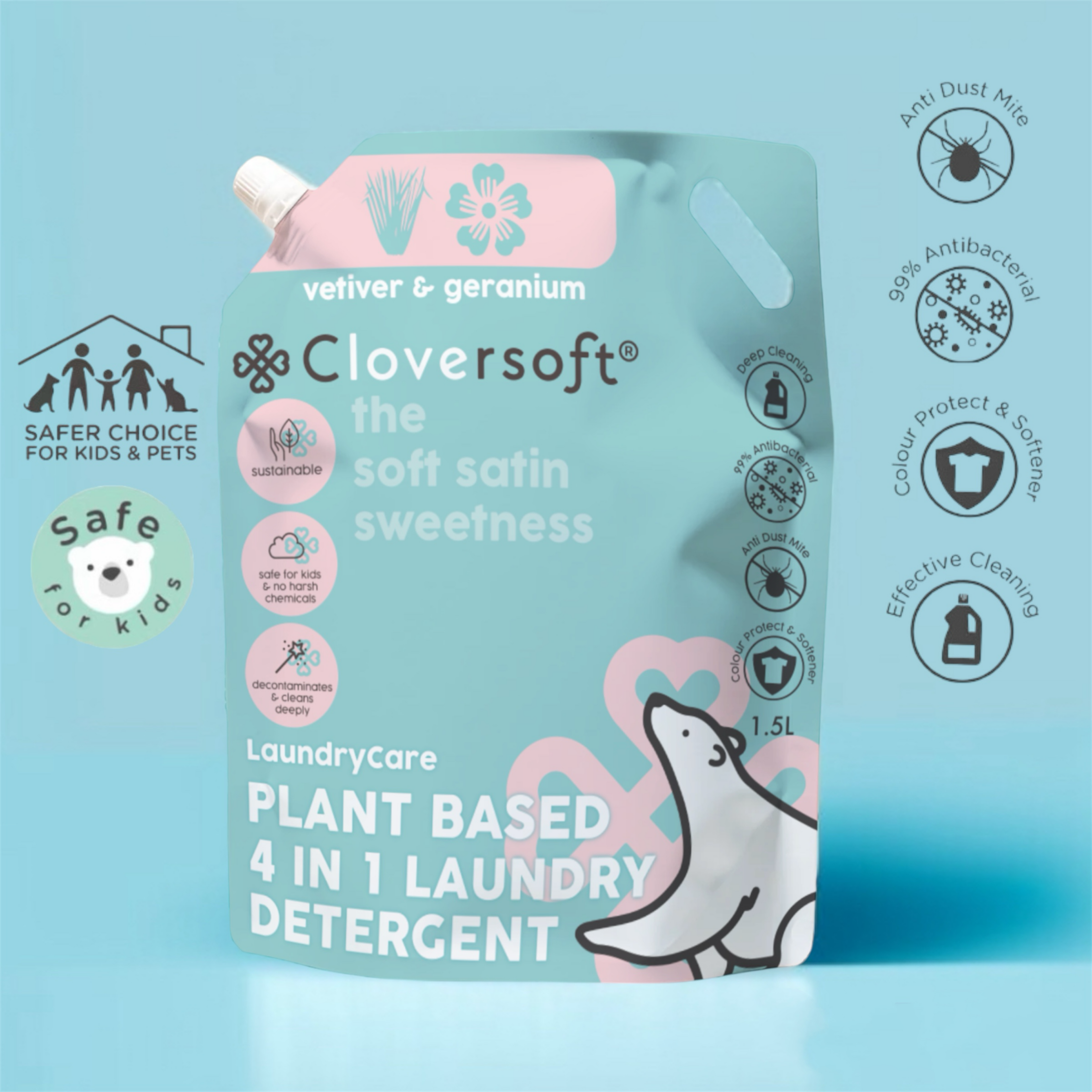 Cloversoft Plant-Based Anti Dust Mite 4 in 1 Laundry Detergent Refill Pack (1.5L)